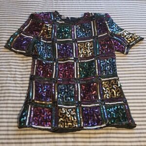 Vintage Diamond Brand Med Colorful Silk Sequined Short Sleeve Shirt Top Blouse